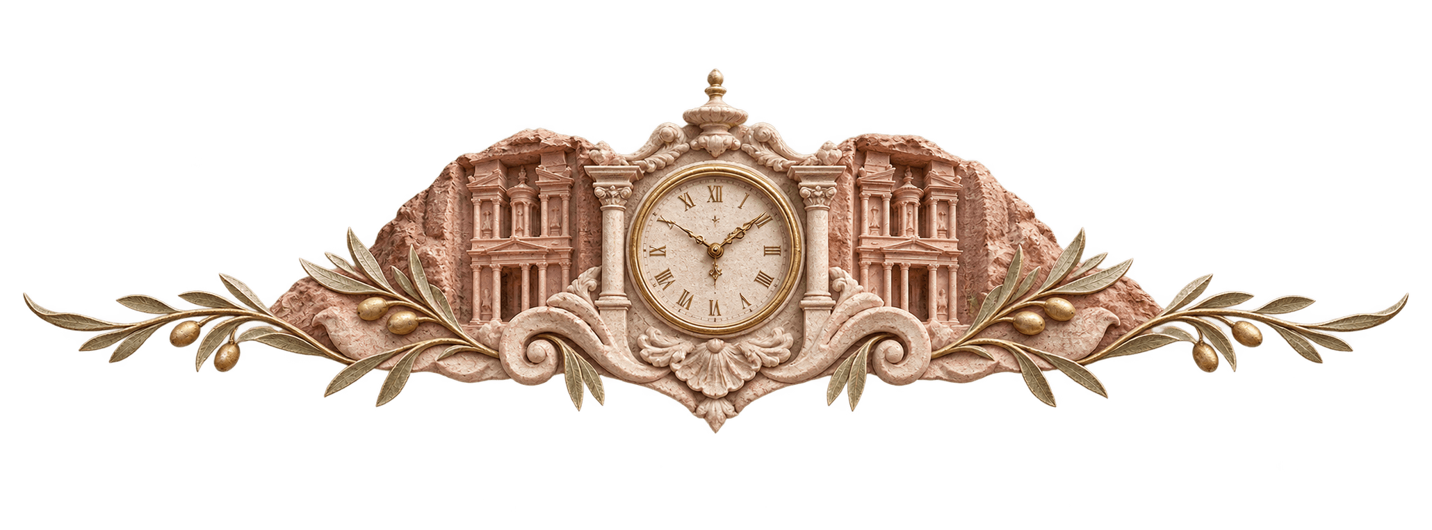 Vintage clock with Petra-inspired stone details and olive branches