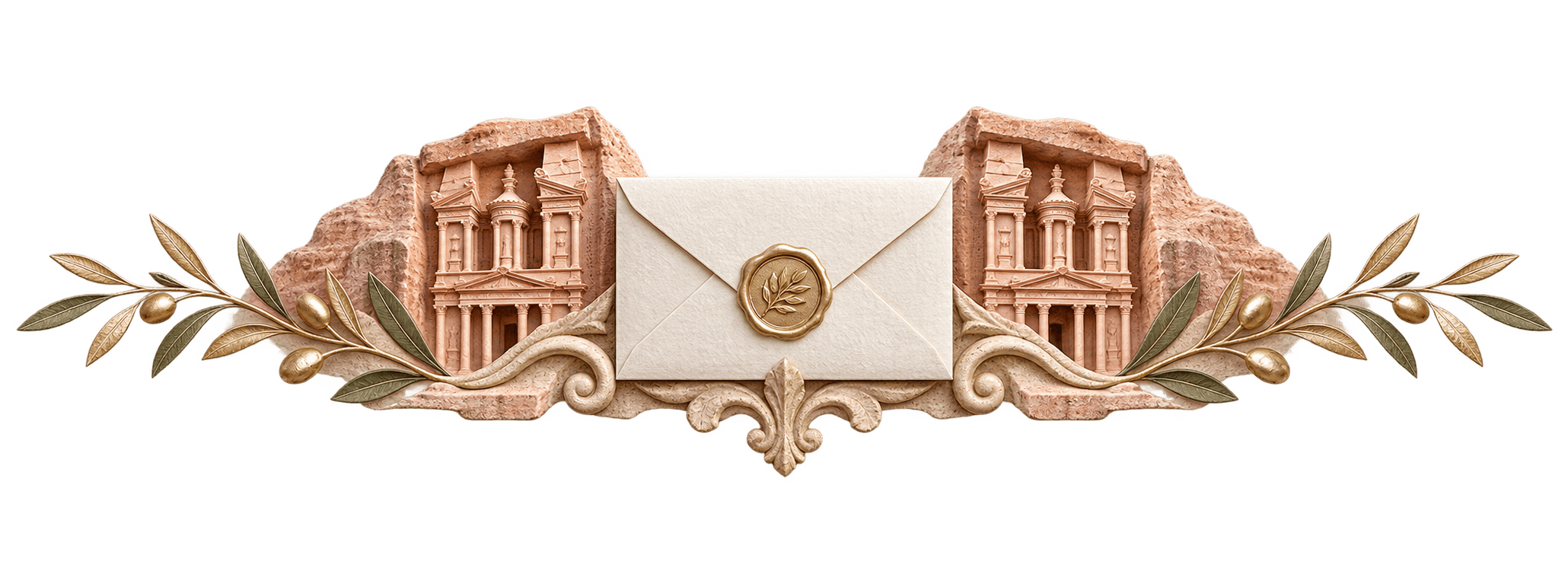 Invitation envelope with Petra-inspired stone details and olive branches