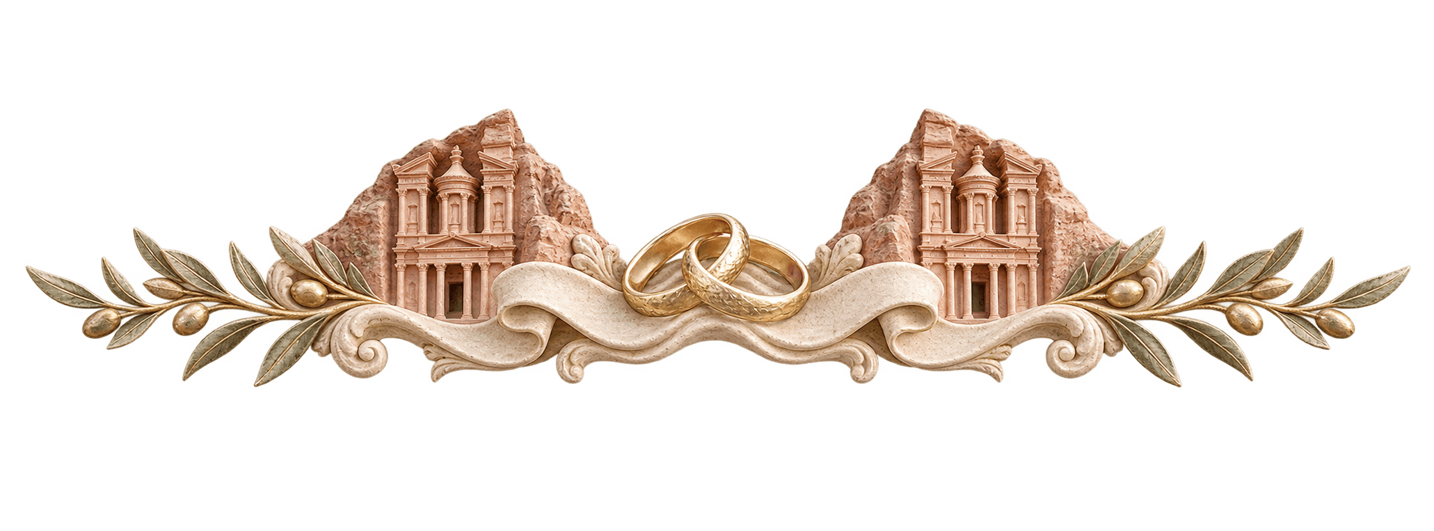 Wedding rings with Petra-inspired stone details and olive branches
